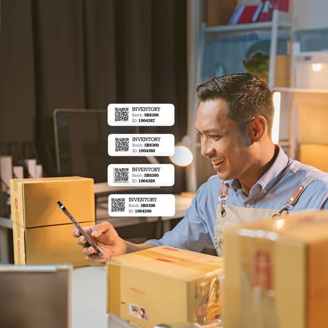 A person holding a phone in a warehouse surrounded by QR codes